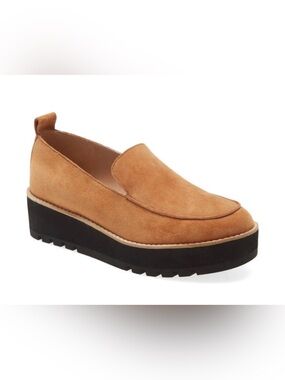 Eileen Fisher Ells Wedge Lug-Sole Tobacco Platform Cognac Suede Leather Loafers